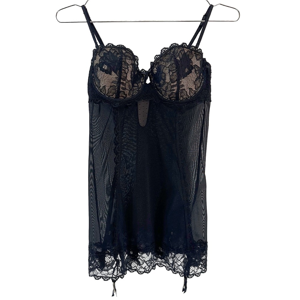 VICTORIA'S SECRET‎ Whimsigoth Lace & Mesh Bustier Chemise Lingerie • 34C • black